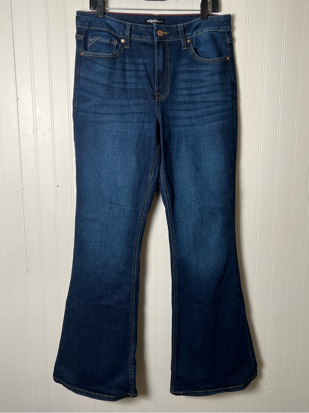 Edgley Maurices Dark Blue Mid Rise Stretch Flare Jeans 14 long